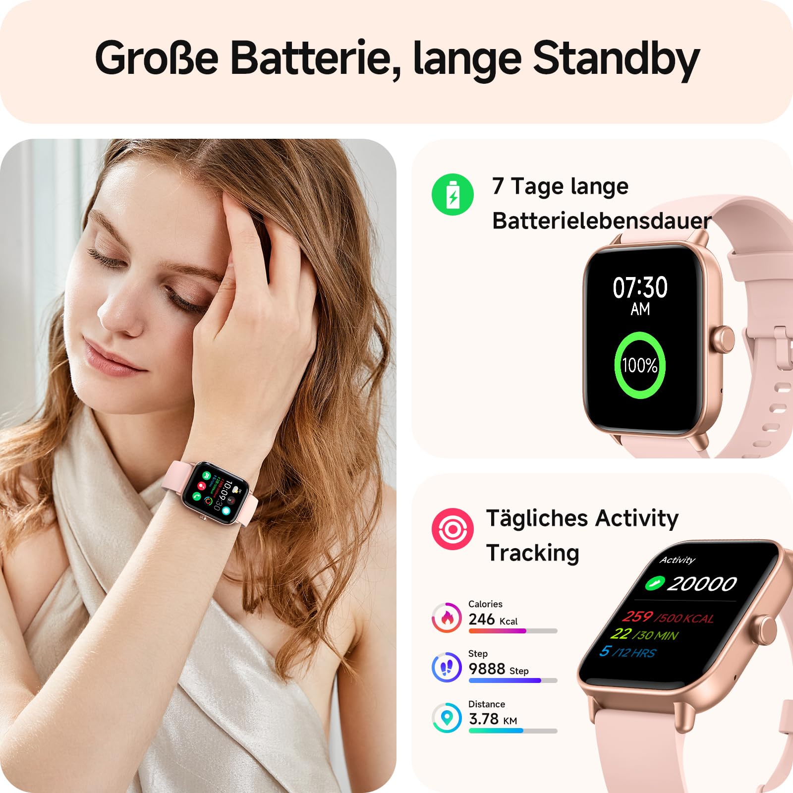 Smartwatch Damen mit Telefonfunktion,1.8" Smart Watch Fitnessuhr mit Whatsapp und Alexa,Herzfrequenz Schlafmonitor,120+ Sportmodi Fitness Tracker,IP68 Wasserdicht Uhren Damen für Samsung/Android/iOS 4