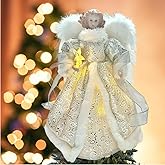 Angel Tree Topper with LED Light, 14" Angel Treetop Figurine with Dress, Feather Wings, and 10 Lights for Indoor and Outdoor Holiday Decoration, Xmas Home Ornaments-Silver
