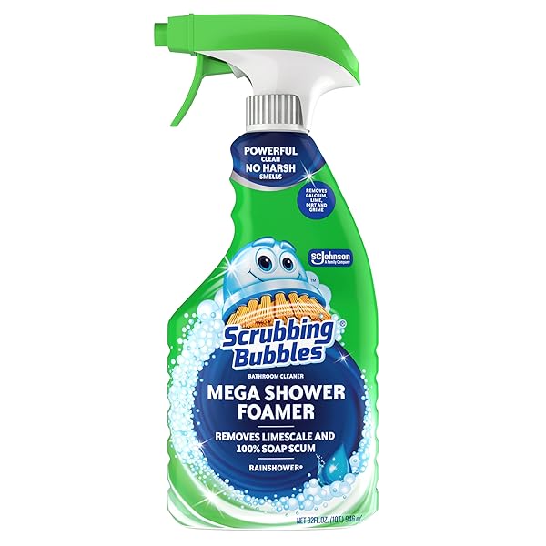 SCRUBBING BUBBLES MEGA BATHROOM AND SHOWER CLEANER SPRAY, FOAMING ACTION REMOVES LIMESCALE AND SOAP SCUM, RAINSHOWER SCENT, 32OZ