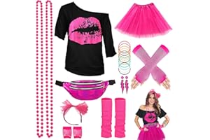 WILDPARTY 80s Outfit for Women Costume Accessories Set T-shirt Pink Tutu Leg Warmers Fanny Pack Earrings Headband Necklace Gloves
