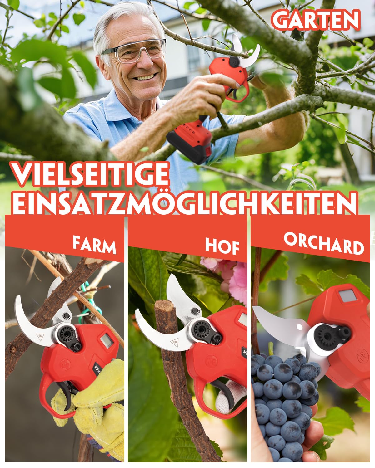 Veitorld Akku Astschere, 40MM Gartenschere mit 2 Akku 2000mAh, Bürstenloser Motor Baumschere, Kabellose Elektrisch Garten Schere mit LED-Schnittzählerm, Muttertag Geschenk für Mama Frauen 6