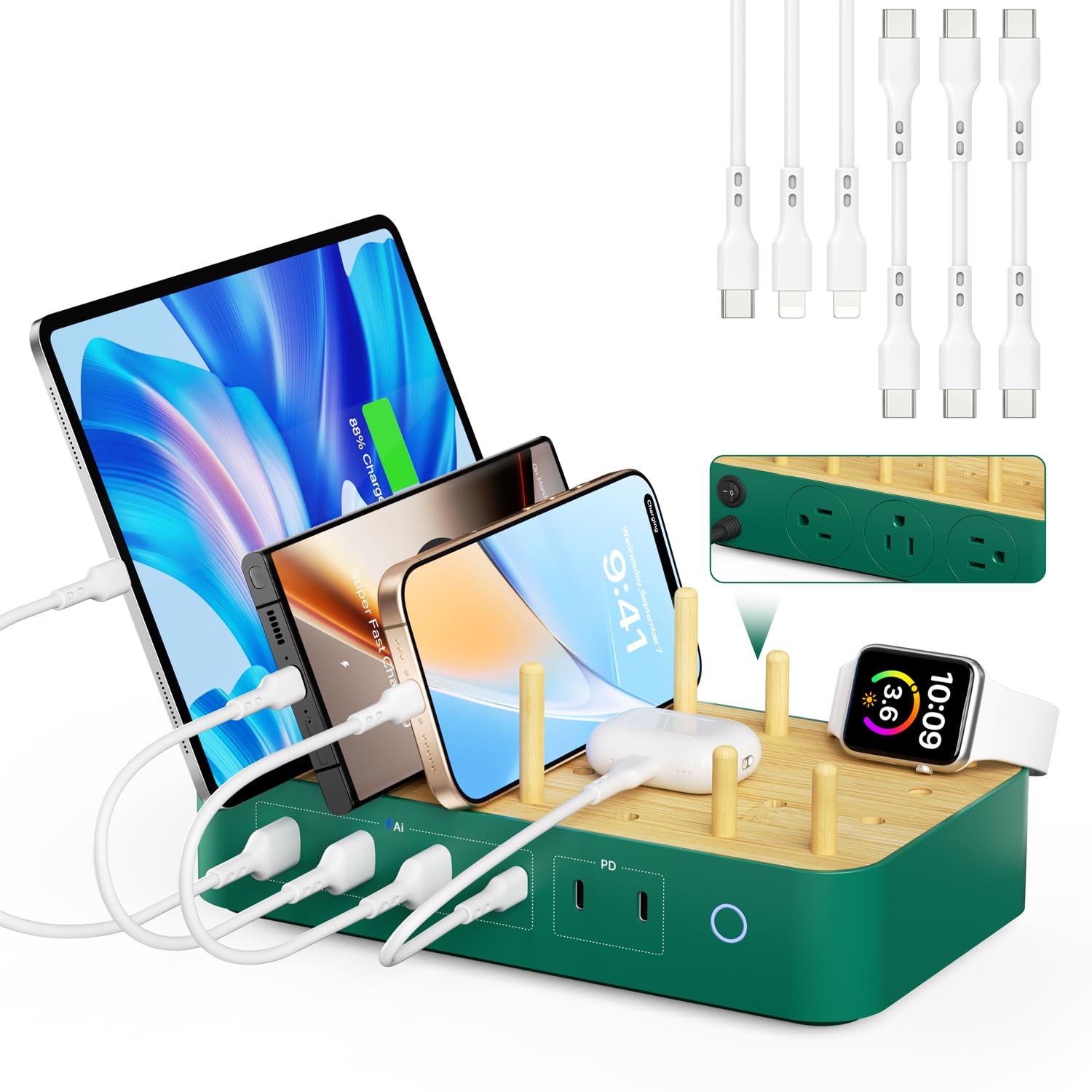 Photo 1 of VisionSync Bamboo USB-C Charging Station for Multiple Devices,60W 6 Port Charing Dock with 3 AC Outlets, 3 USB C, 3 USB A,6.6ft Power Cord for lPhone,lPad,Tablets (6 Mixed Cables Included),Green
