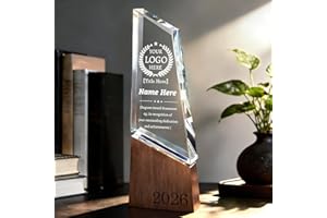Custom Trophy Award with Wooden Base, Customized Plaque Personalized Engraved and UV Printed with LOGO Text, Employee Appreci