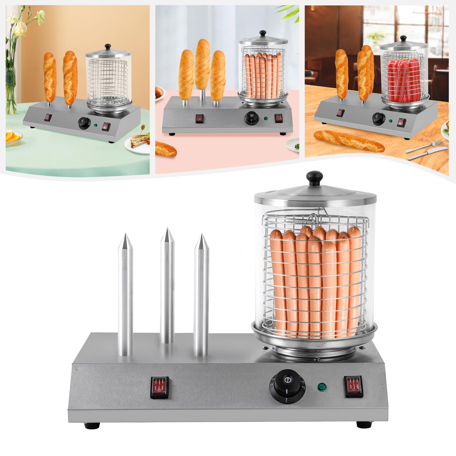 Hot Dog Steamer with Lid Stainless Steel Dog Steamer And 3 Bun Warmer Adjustable Temperature 86-230℉,Hotdog Machine with Bun Warmer for Hot Dogs, Sausages, Breads&Baguettes