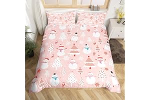 FEELYOU Christmas Kids Bedding Set Cartoon Snowman Bedding Duvet Cover Set for Boys Girls Christmas Tree Decor Comforter Cover Set Pink Dots Xmas Theme Bedspread Cover Bedroom Quilt Cover 3Pcs Full Size