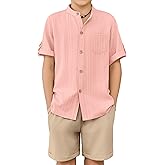 Arshiner Boy's 2 Piece Beach Outfit Short Sleeve Textured Button Down Shirt and Short Sets Summer Vacation Wear 5-12 Years