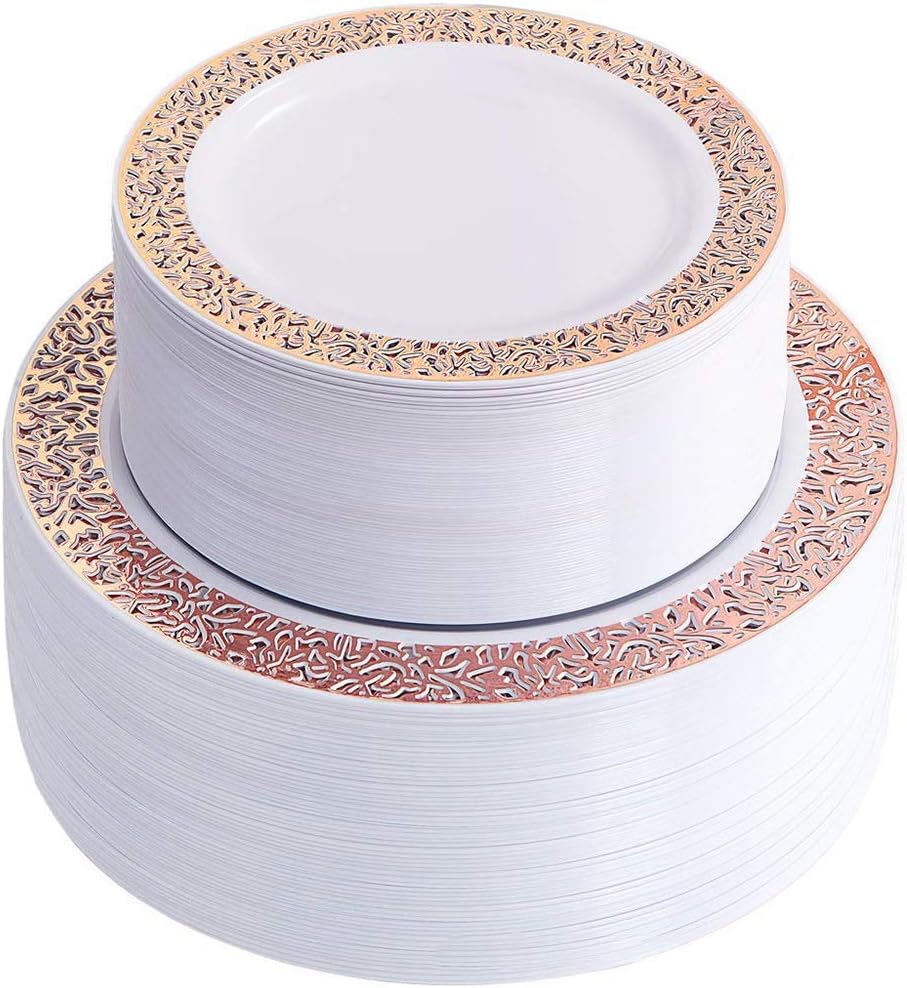 LiangDa A Wedding Plate Disposable Plastic Cutlery Set Silver With A Silver Lace Design And Heavy Grade Wedding Party Tray Disposable Plastic Plate (Color : Rose gold, Size : One size)