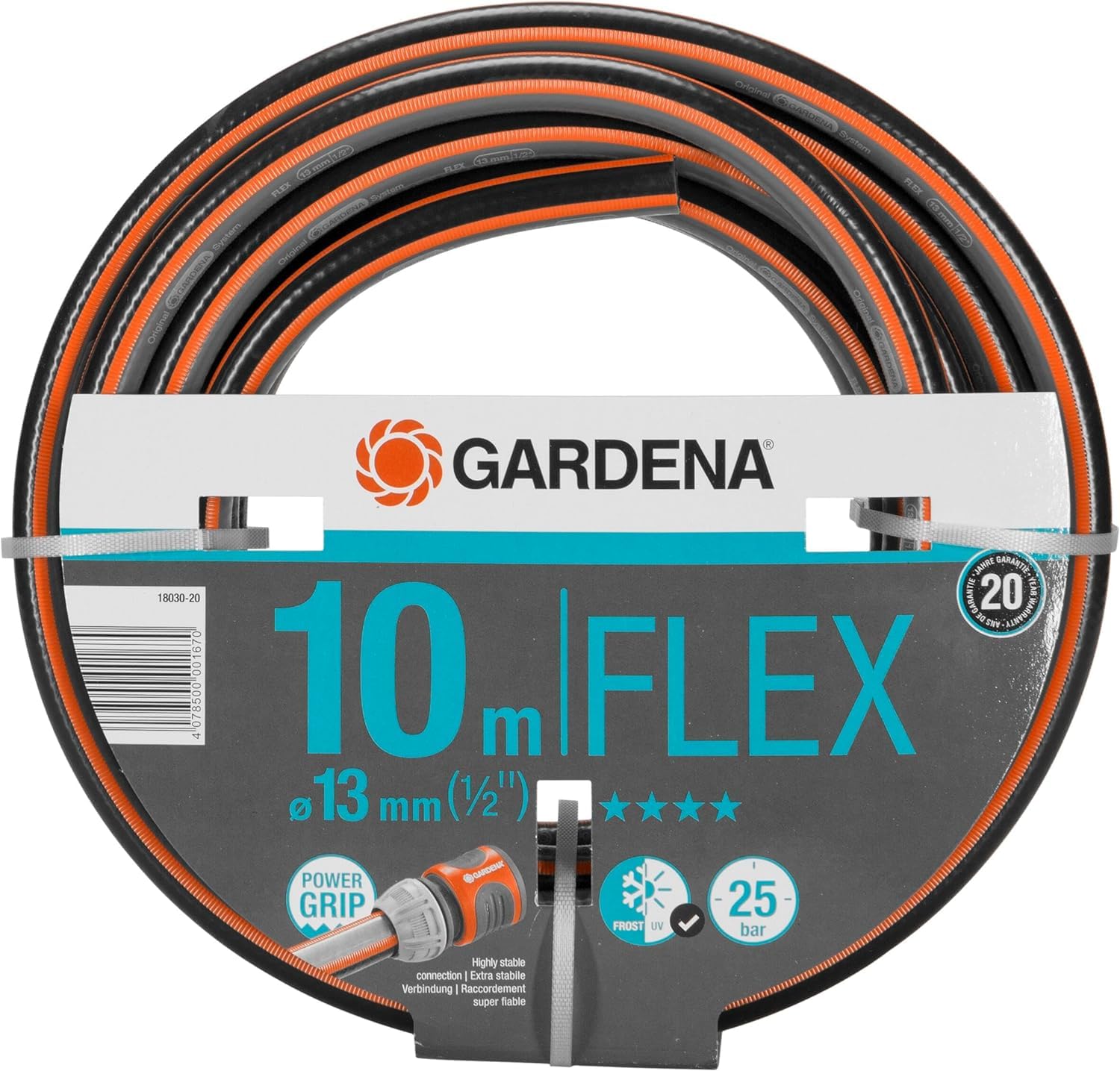 Gardena Comfort Flex Hose 13 mm (1/2 inch), 10 m: dimensionally Stable, Flexible Garden Hose with Power-Grip Profile, Made of Spiral Fabric, 25 bar Pressure, Without Parts (18030-20)