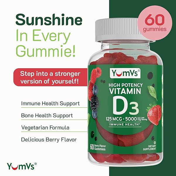 YUM-V’S VITAMIN D3 JELLIES, VITAMIN D 5000 IU, DAILY DIETARY SUPPLEMENT, MIXED BERRY FLAVOR CHEWABLE JELLIES, VEGETARIAN, GLUTEN-FREE AND KOSHER HALAL – 60 COUNT