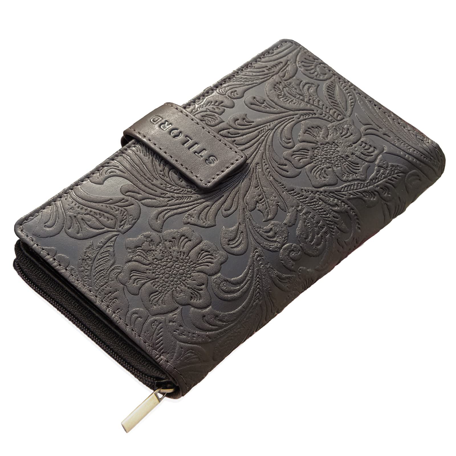 STILORD 'Greta' Vintage Leather Purse Wallet with Flower Embossment with Coin Storage 13 EC-Cards Horizontal Cow Hide Leather, Colour:Canyon - Brown