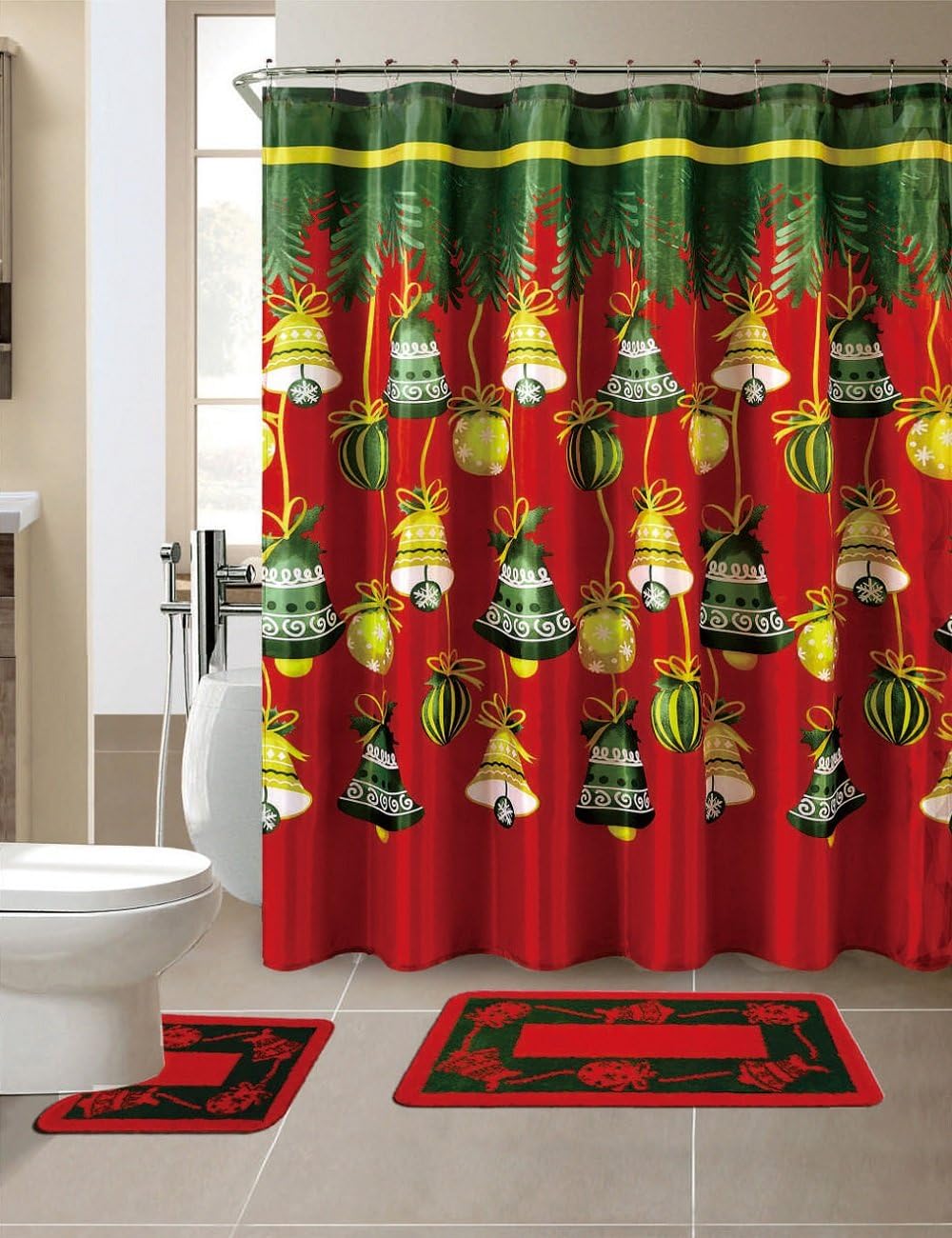 Christmas Season s Greetings 15 Piece Shower Curtain Set with Crystal Roller Shower Hooks Christmas Trees B07JGW7KMQ