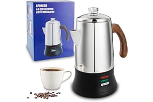 APOXCON Electric Coffee Percolator Stainless Steel Coffee Maker with Tough Glass Clear Brew Progress Knob & On/OFF Switch Keep Warm Cordless Serve for Home and Hotel Room Use Gift Box Packaging 6 Cup
