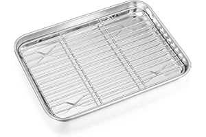 Toaster Oven Pan with Rack Set, P&P CHEF Stainless Steel Broiler Pan with Cooling Rack, Mini Rectangle 9’’x 7’’x1’’, Non Toxic & Heavy Duty, Mirror Finish & Dishwasher Safe