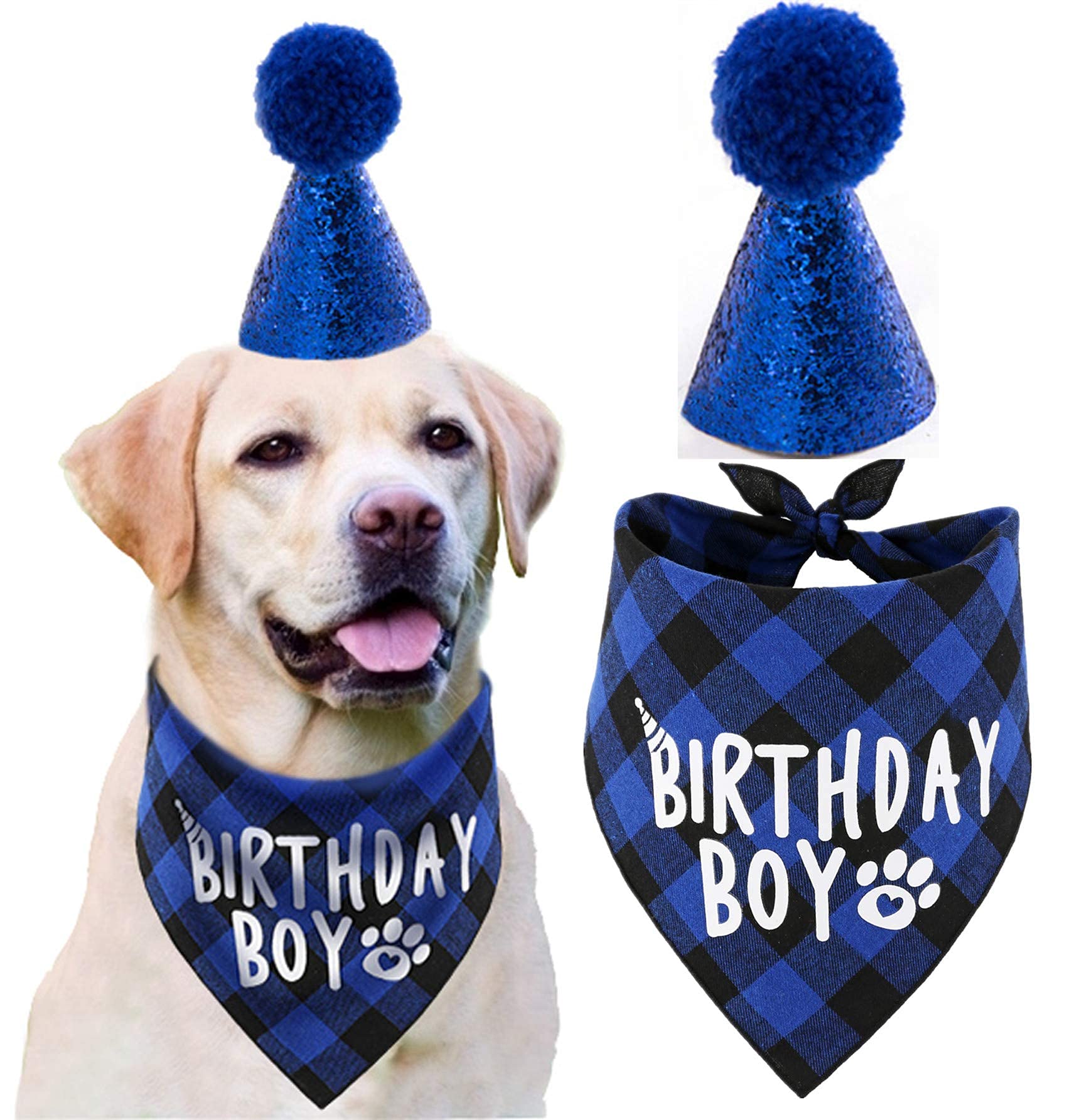 Dog Birthday Hat Bandanas Set Birthday Party Supplies, Blue Headdress Costumes Grooming Supplies Pet Party Celebration Headwear Caps Decoration Dog Birthday Triangle Scarfs for Small Medium Pets
