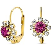 Delicate Floral Crystal 18K Gold Plated Brass Lever back Drop Flower Earrings For Women Teen More Birth Month Colors