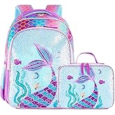 THE Crafts Reversible Sequin School Backpack Lightweight Little Kid Book Bag with Lunch Bag Set for Preschool Kindergarten Elementary(17", Mermaid with Lunch Bag)