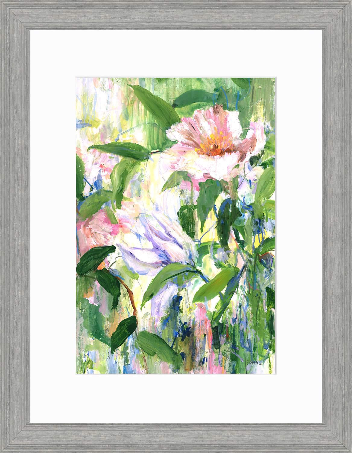 Artko Floral Framed Print Wall Art - Abstract Flowers Home Decor - Sonal Nathwani Artwork - Ready to Hang 'White Blooms' Painting - 45 x 35cm