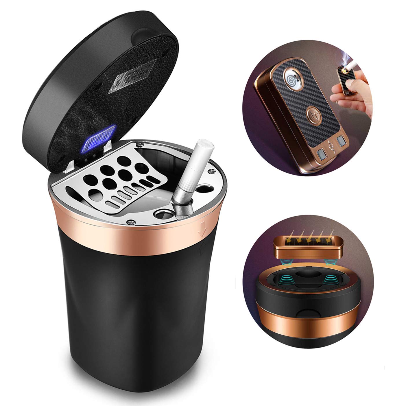 Solarxia Car Ashtray, Auto Ashtray Cigar Electronic Cigarette Lighter Detachable Solar Powered/USB Rechargeable with Lid Blue LED Light Stainless Ceramic for Most Car Cup Holder Home Office (Black)