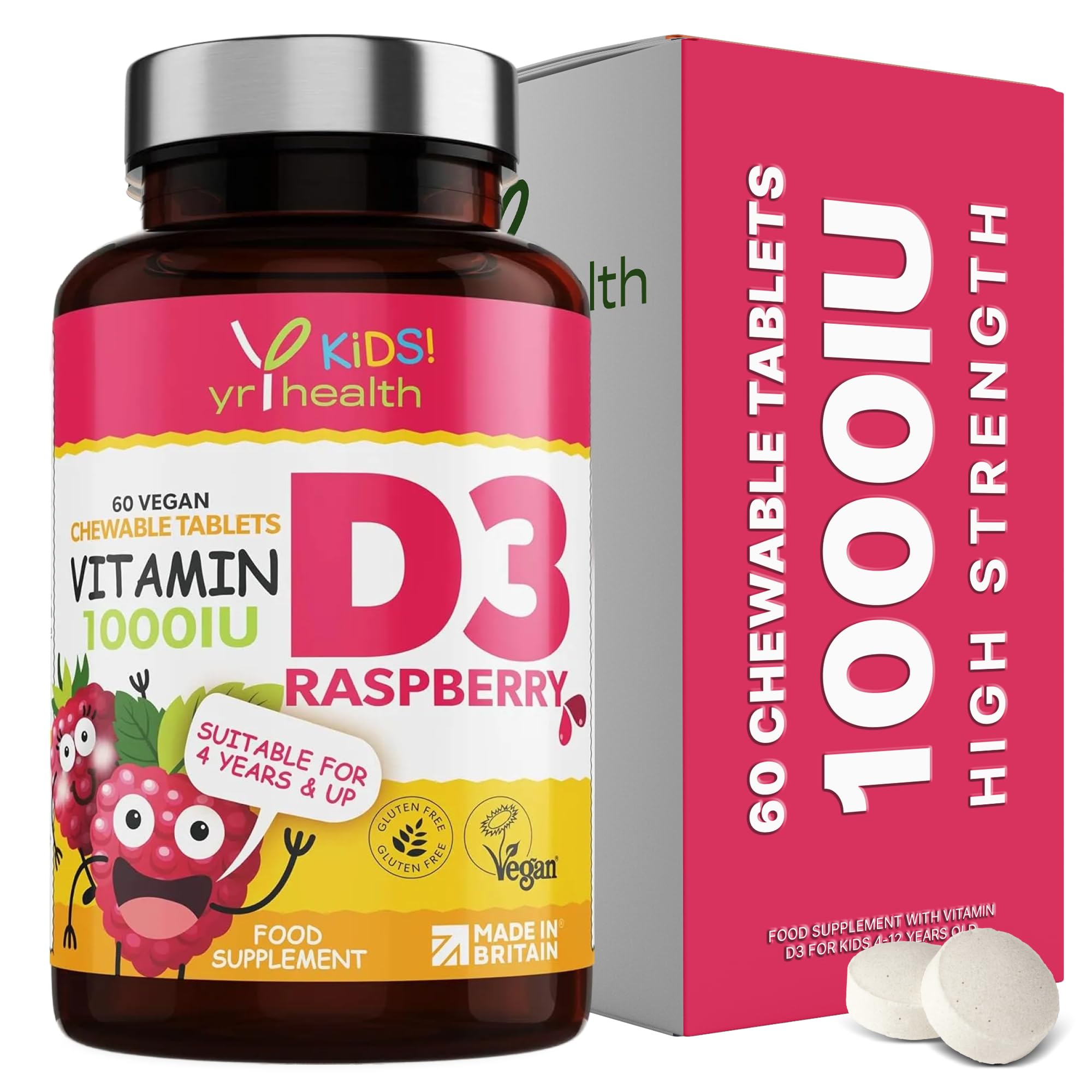 Kids Vitamin D3 1000 iu High Strength - Chewable Raspberry Flavour Vitamin D for Kids 4-12 Years, Vegan Society Registered Tablets not Gummies - 2 Months Supply - Made in The UK by YrHealth