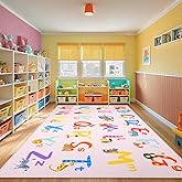 LIVEBOX 6x9 Pink ABC Kids Classroom Rug, Washable Alphabet Rug for Classroom Elementary School Learning, Colorful Educational