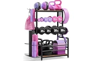 SONGSOSO Gym Home Equipment Weight Rack – 3‑Tier Workout Storage Stand for Dumbbells & Kettlebells, Medicine Ball Holder, Steel Organizer with Side Basket, Hooks