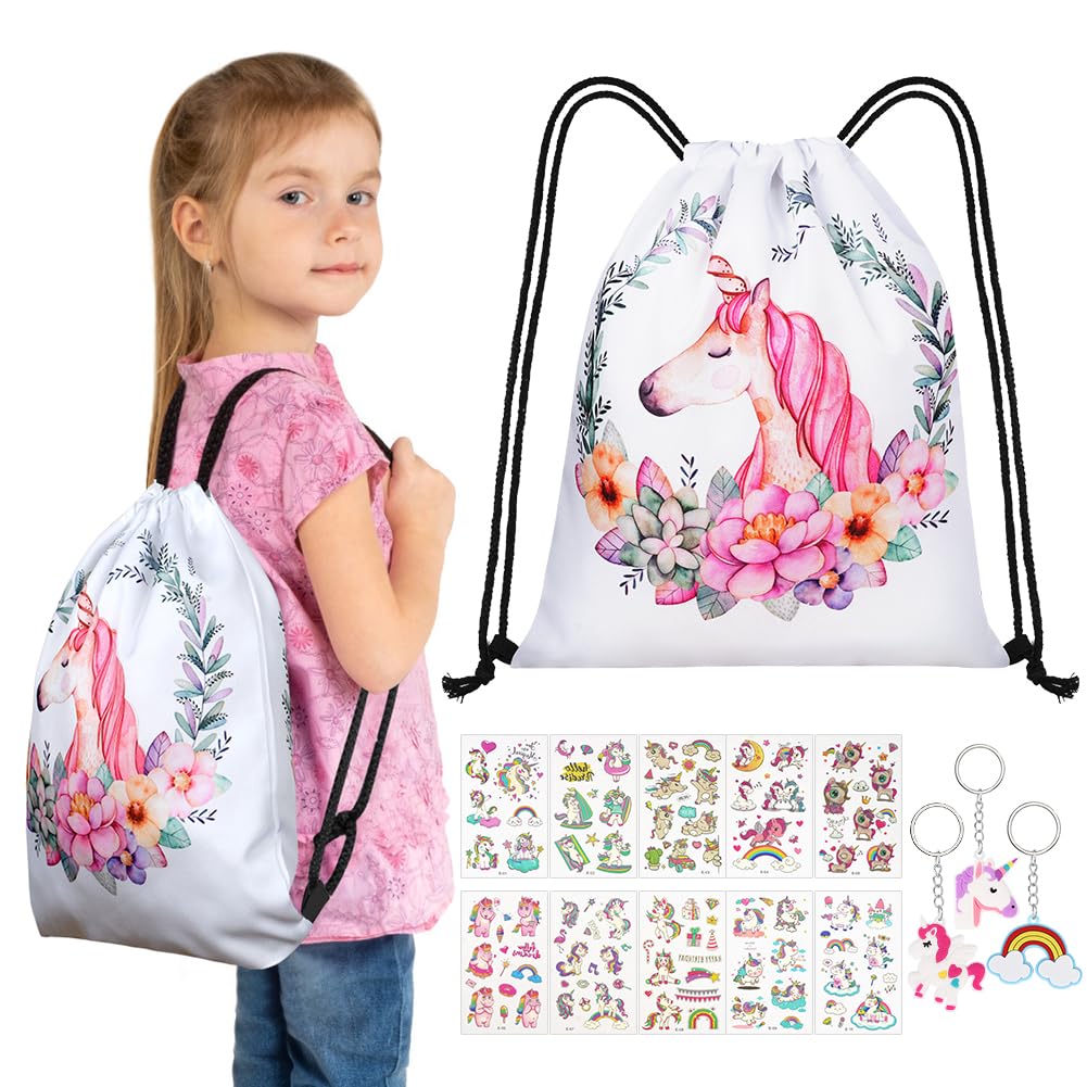 URAQT Unicorn Kids Backpack, Flower Set With Unicorn Keychain & Tattoo Sticker, Lightweight Gym Bag For Girls Sport Gift