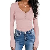 Prettywear Women Long Sleeve Henley Shirts V Neck Button Tight Slim Fitted Top Going Out Tees 2025 Trendy Spring Fall