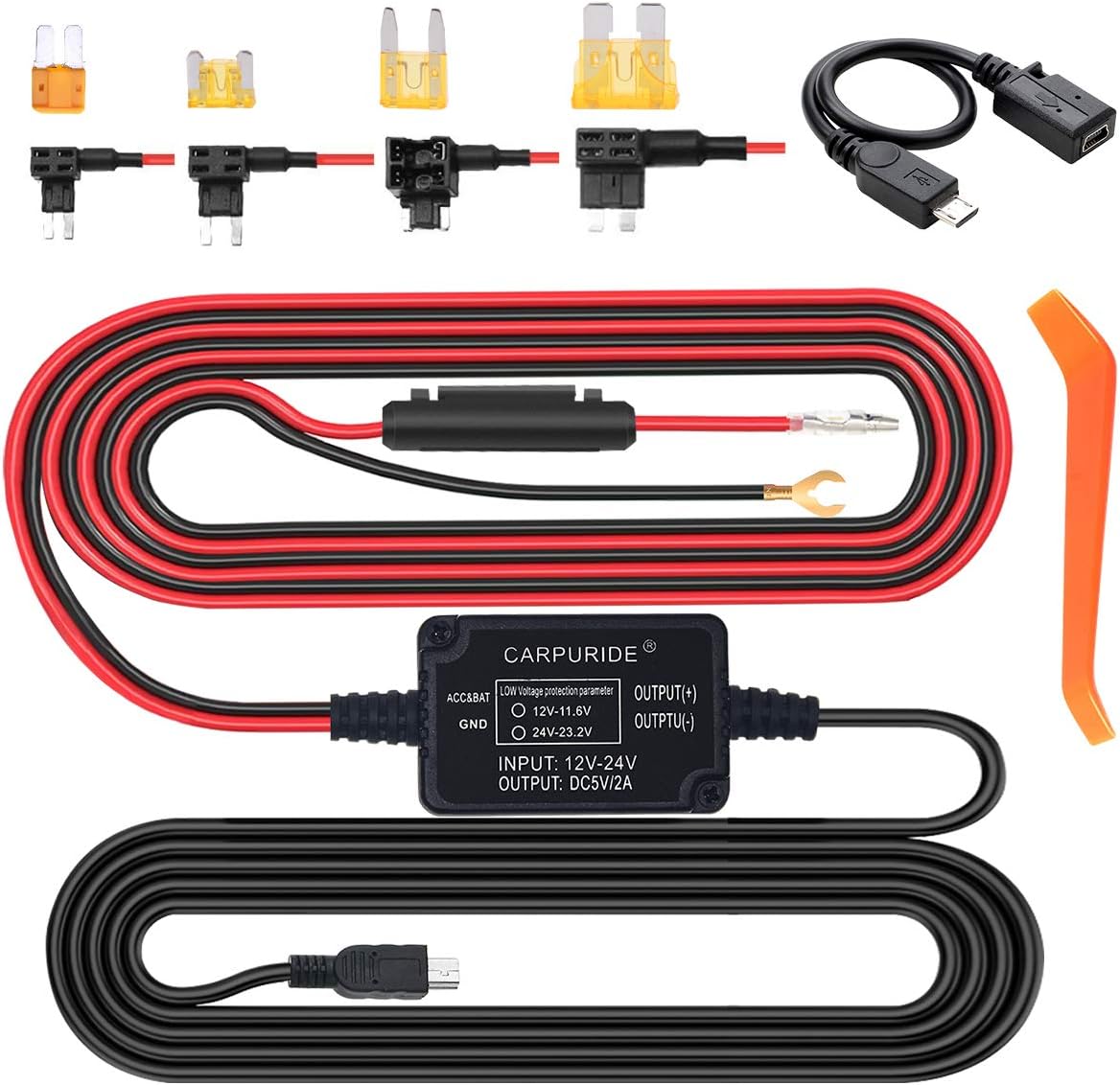 Dash Cam Hardwire Kit, 12V-30V to 5V Car Dash Camera Charger Power Cord, Mini USB/Micro USB Hard Wire Kit Replacement for Dash Cam, Installation Tool Included