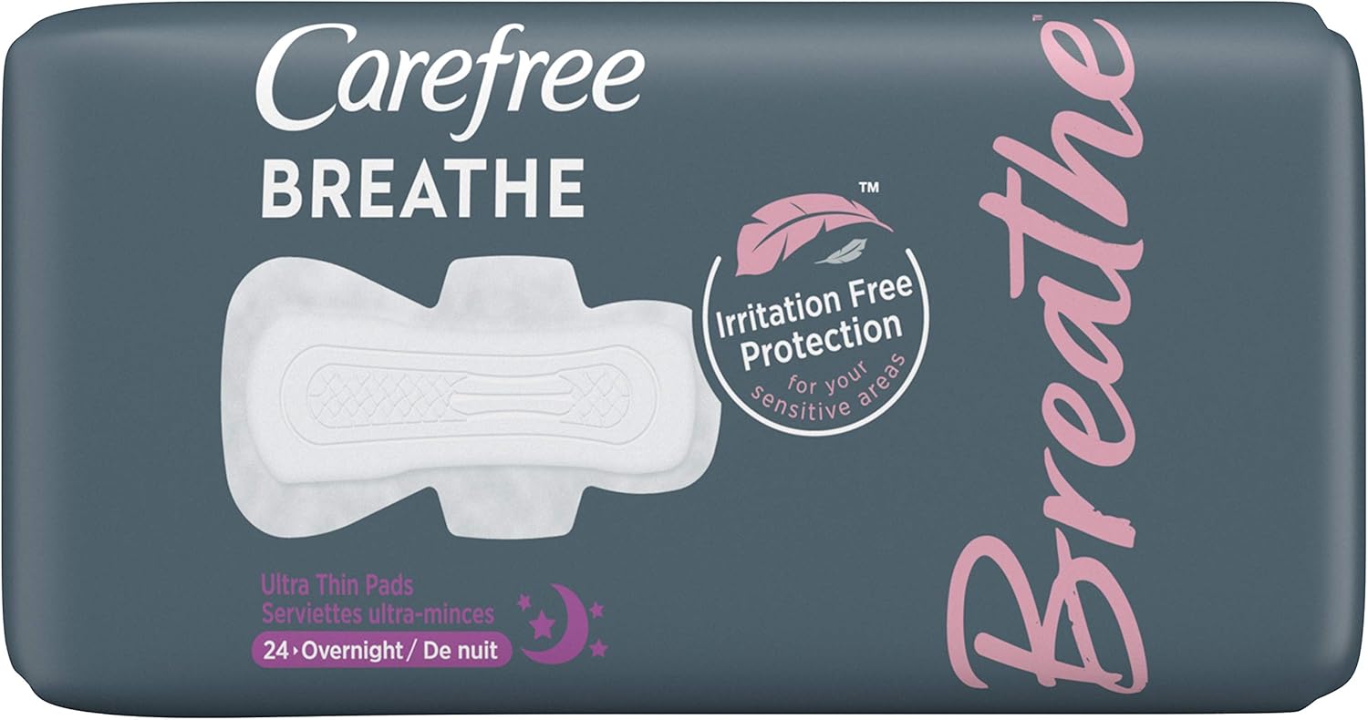 Carefree Breathe Ultra Thin Overnight Pads with Wings, Irritation-Free Protection, 24 Count: Health & Personal Care