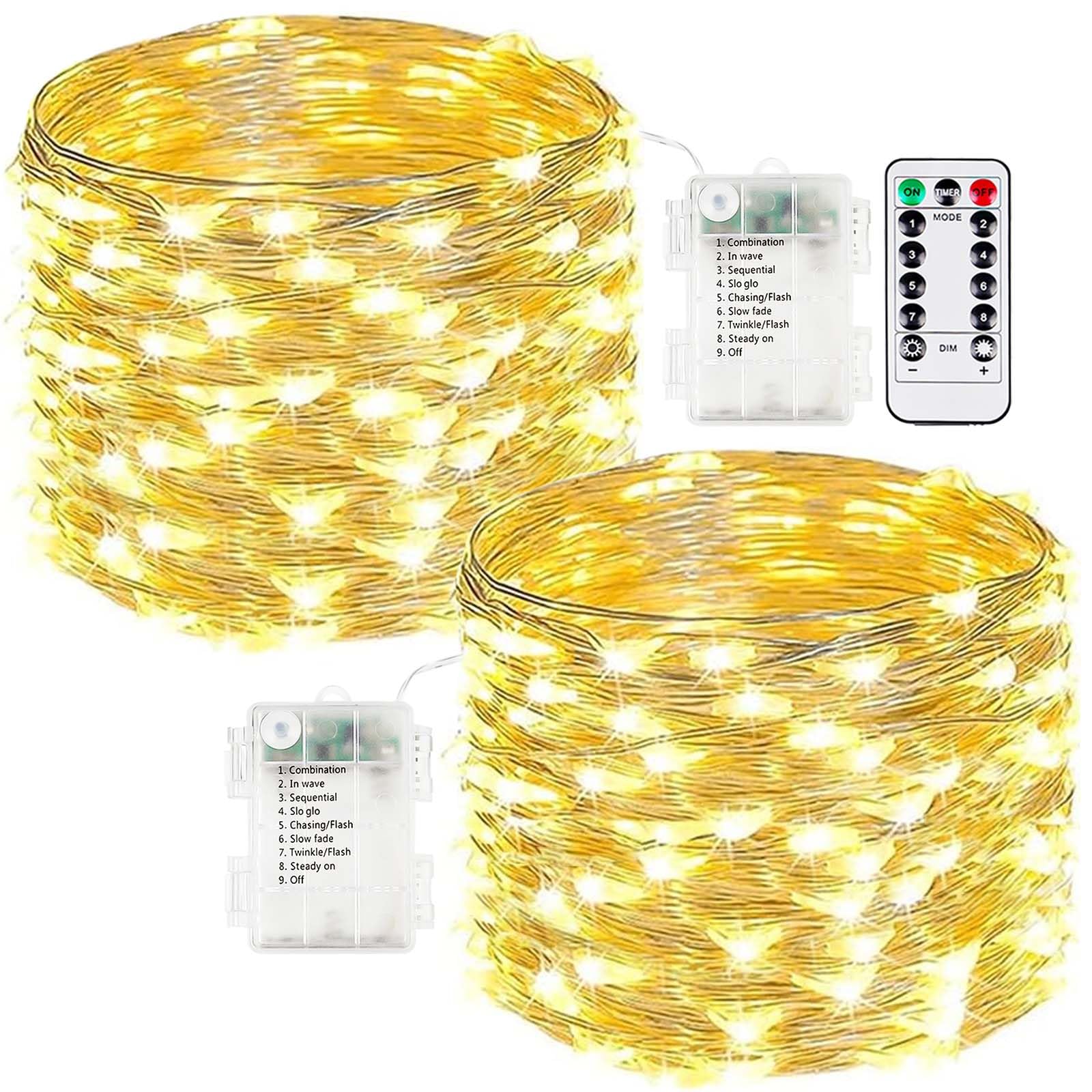 Photo 1 of 2-Pack Fairy Lights Battery Operated with Remote, Waterproof 33FT 100 LED Battery String Lights Outdoor Indoor, 8 Modes Twinkle Lights with Timer for Bedroom Classroom DIY Christmas Decor (Warm White)