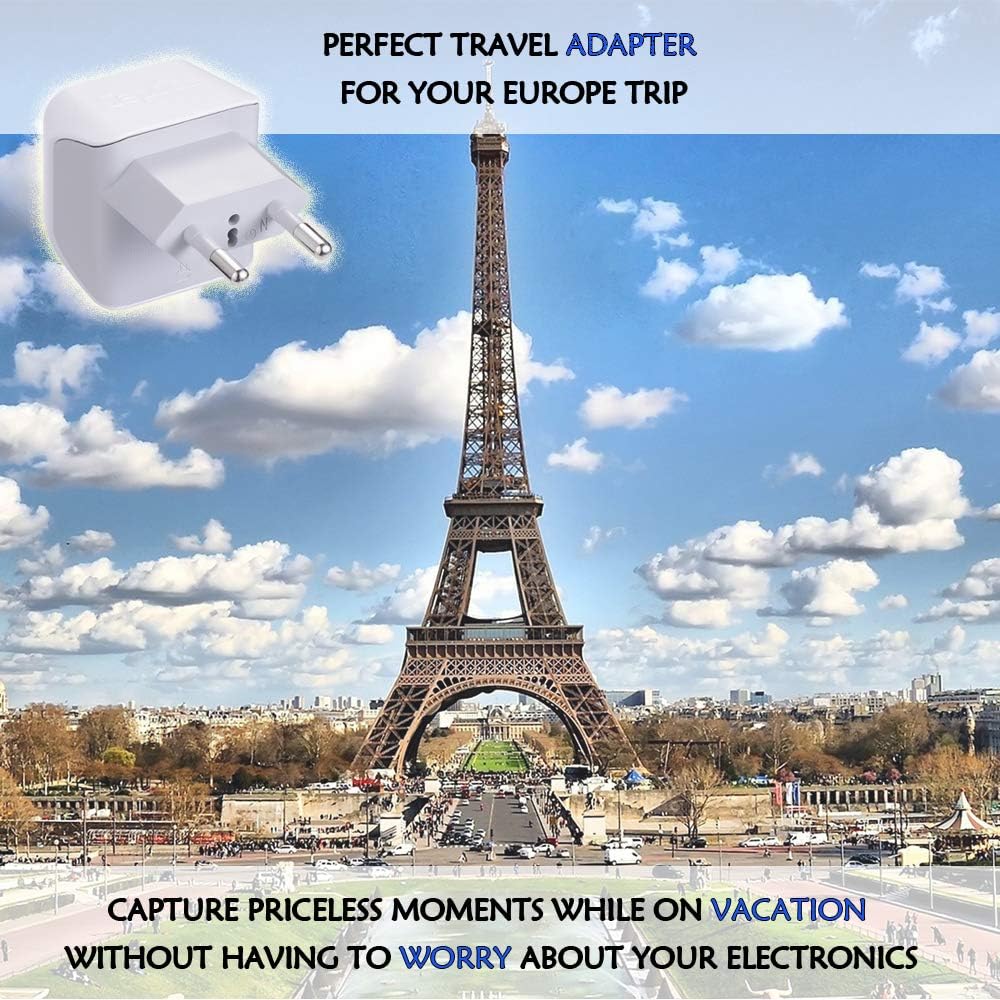 European Travel Plug Adapter by Ceptics Europe Power Adaptor Charger Dual Input - Ultra Compact - Light Weight - USA to any Type C Countries such as Italy, Iceland, Austria and More (CT-9C): Electronics