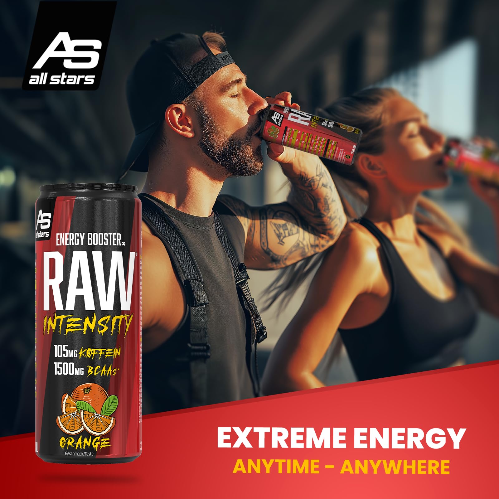 All Stars Raw Intensity Energy Drink, Orange, 24 x 330ml, lecker, fruchtiges Erfrischungsgetränk mit 1500mg Aminosäuren und B-Vitaminen, ohne Zucker, No Carbs, kohlensäurehaltig mit Koffein 4