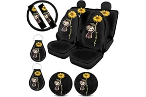 Xoenoiee 11 Pcs Universal SUV Car Seat Covers for Women, Sloth Sunflower Auto Interior Accessories Full Set with Steering Wheel Covers, Seat Belt Pads, Key Chain, Car Cup Mat
