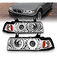 AmeriLite for 1992-1998 BMW 3 Series E36 4-Door 1pc LED Halo Chrome Projector Headlights Assembly Set - Passenger and Driver Side