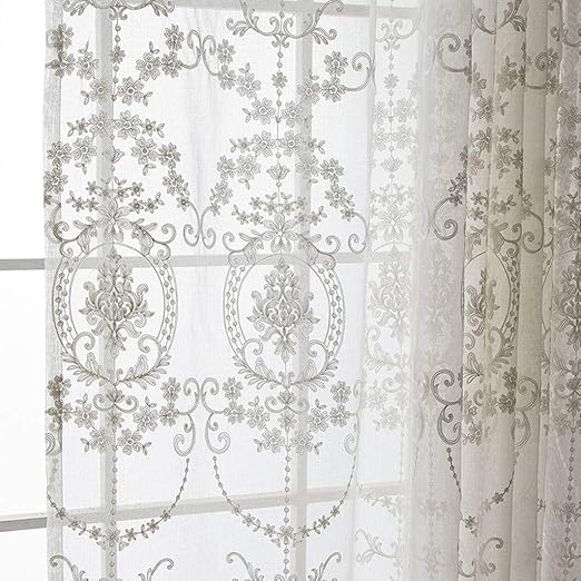 Amazon Com Mqing Floral Sheer Curtains Embroidery Grommet Pearl
