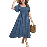Plus Size Casual Maxi Boho Dress for Curvy Women Short Sleeve Square Neck Smocked Summer Beach Dresses Button Down