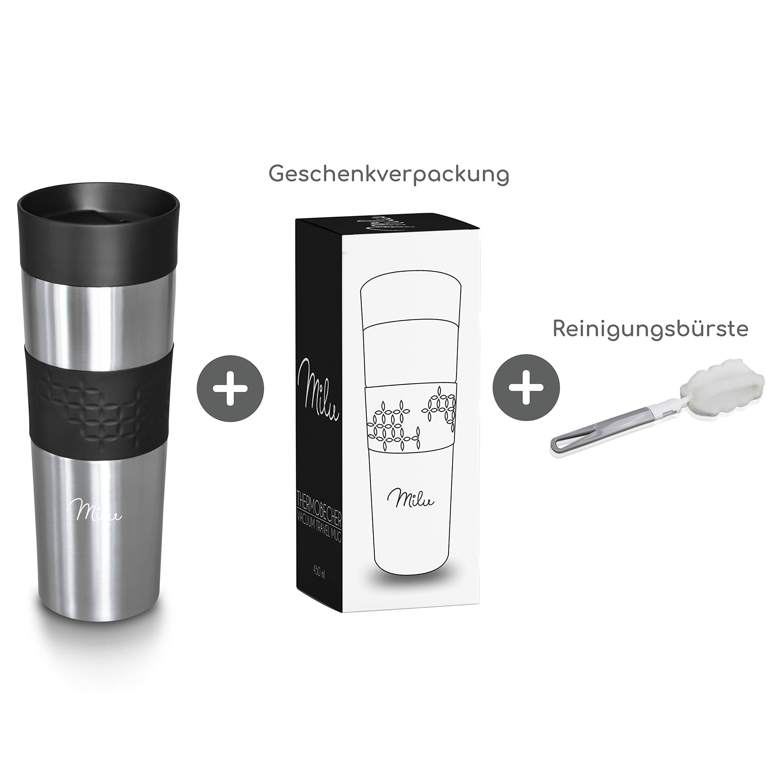 Milu Thermobecher to go 450ml - 100% Auslaufsicher - Isolierbecher aus Edelstahl - Autobecher - Trinkbecher doppelwandig - Kaffeebecher to go Thermo - Reisebecher (Schwarz)