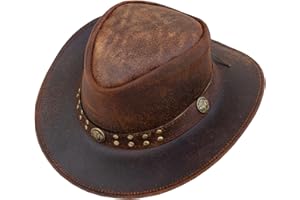 RIDERVIBE Brown Leather Cowboy Western Hat for Men and Woman Felt Studded Steampunk Hat Deadman Top Hat for Halloween