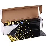Kesfey Black with Gold Dot Plastic Tablecloth Roll 54 inch X 120ft Disposable Gold Dots Plastic Table Cloth Roll with Slide Self Cutter Box- Cut to Any Size Dots Tablecover for New Years Party