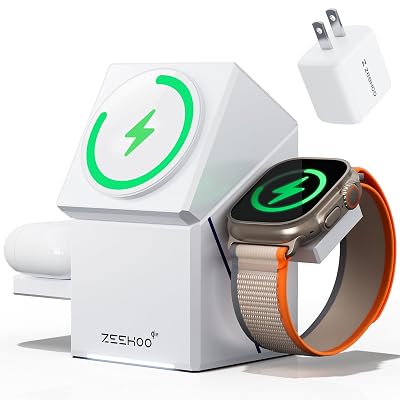 ZEEHOO 3 in 1 Charging Station, for iPhone Charging Station, for Apple MagSafe Charger, Qi2 Certified, 15W Fast Wireless Charger, for Apple Watch, for iPhone 17,16,15,14,13,12 Series, AirPods (White)