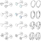 Bolinteri Hypoallergenic Flat Back Earrings for Women Surgical Steel Earrings for Sensitive Ears 20G Stainless Steel Earring Stacks Small Flatback Stud Hoop Cartilage Earring Set for Multiple Piercing Jewelry