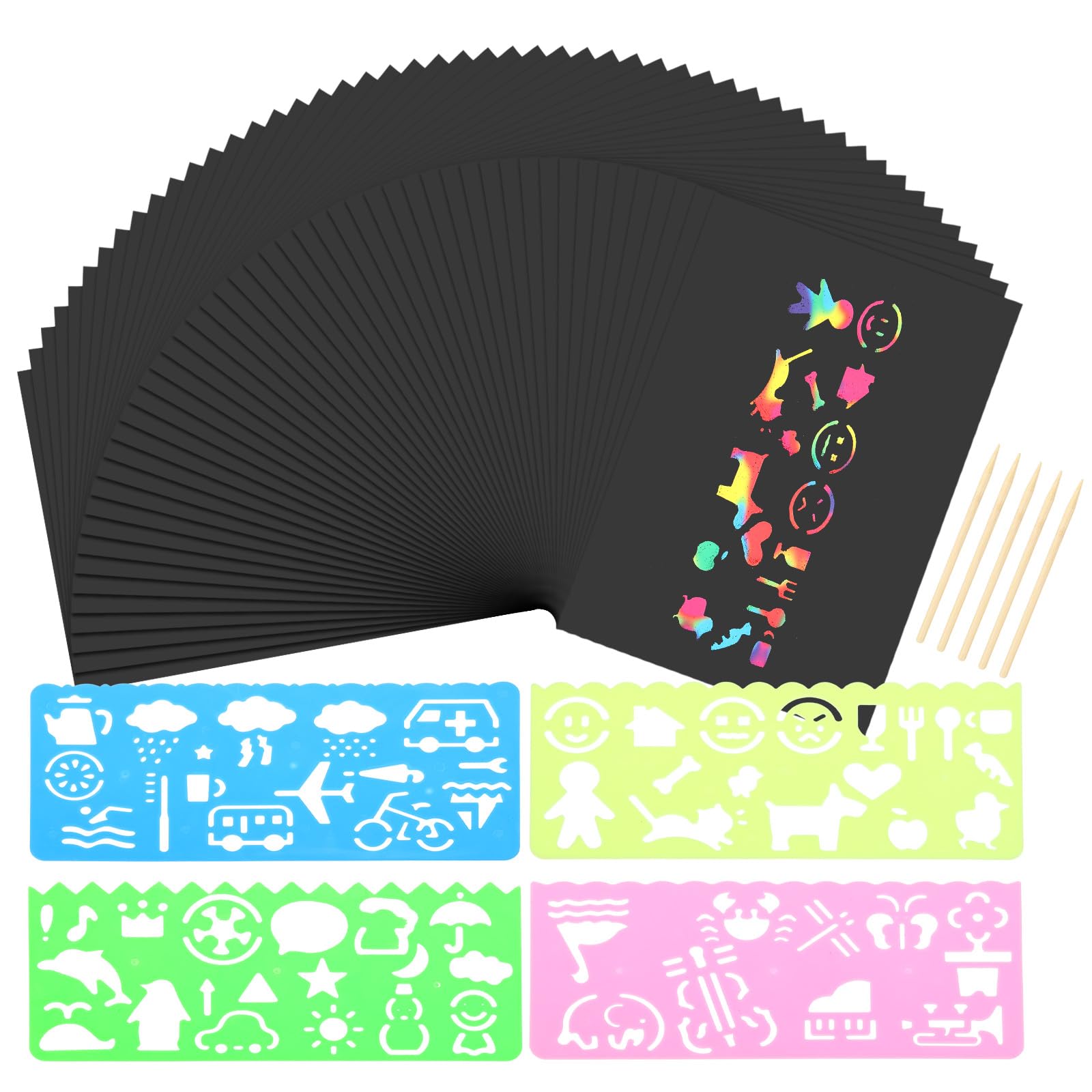 PATIKIL Scratch Paper Art, 200 Pcs Magic Rainbow Scratch Paper Off Scratch Paper Note Cards,4Set Include 200Pcs Black Coated Scratch Off Paper&20Pcs Wooden Stylus&16Pcs Painting Stencil