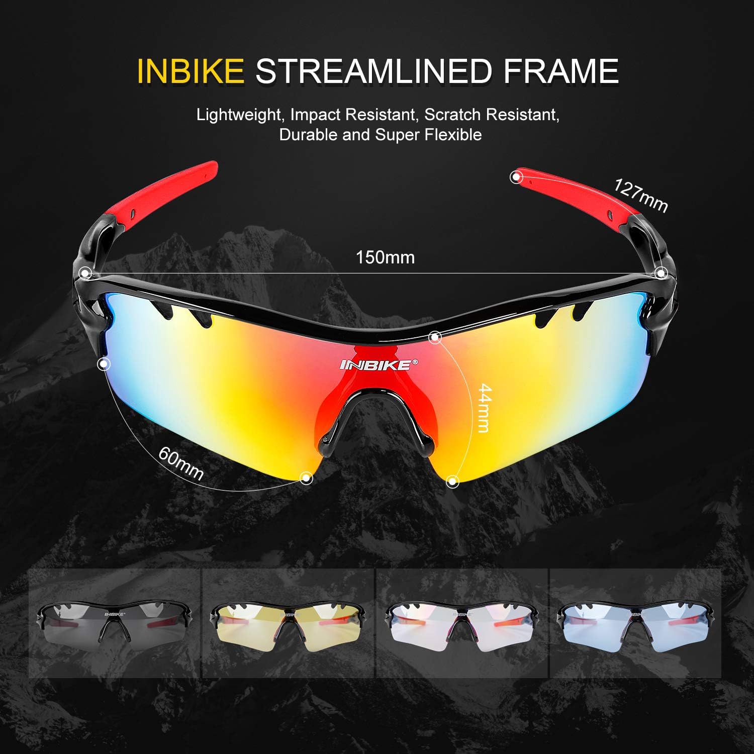 INBIKE Sunglasses Men Women Polarised Mirrored Cycling Glasses Sports Glasses UV400 Protection with 5 Interchangeable Lenses, Black - Image 3