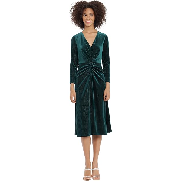 women's london times pleated fit & flare sweater dress London Times Women's Dresses Short Sleeve Crepe Fit and Flare Midi with Waist Button Detail at Amazon Women's Clothing store