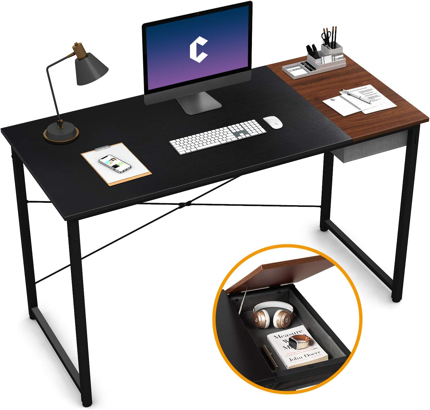 Cubiker Computer Desk 55" Home Office Writing Study Laptop Table, Modern Simple Style Desk with Drawer, Black Espresso