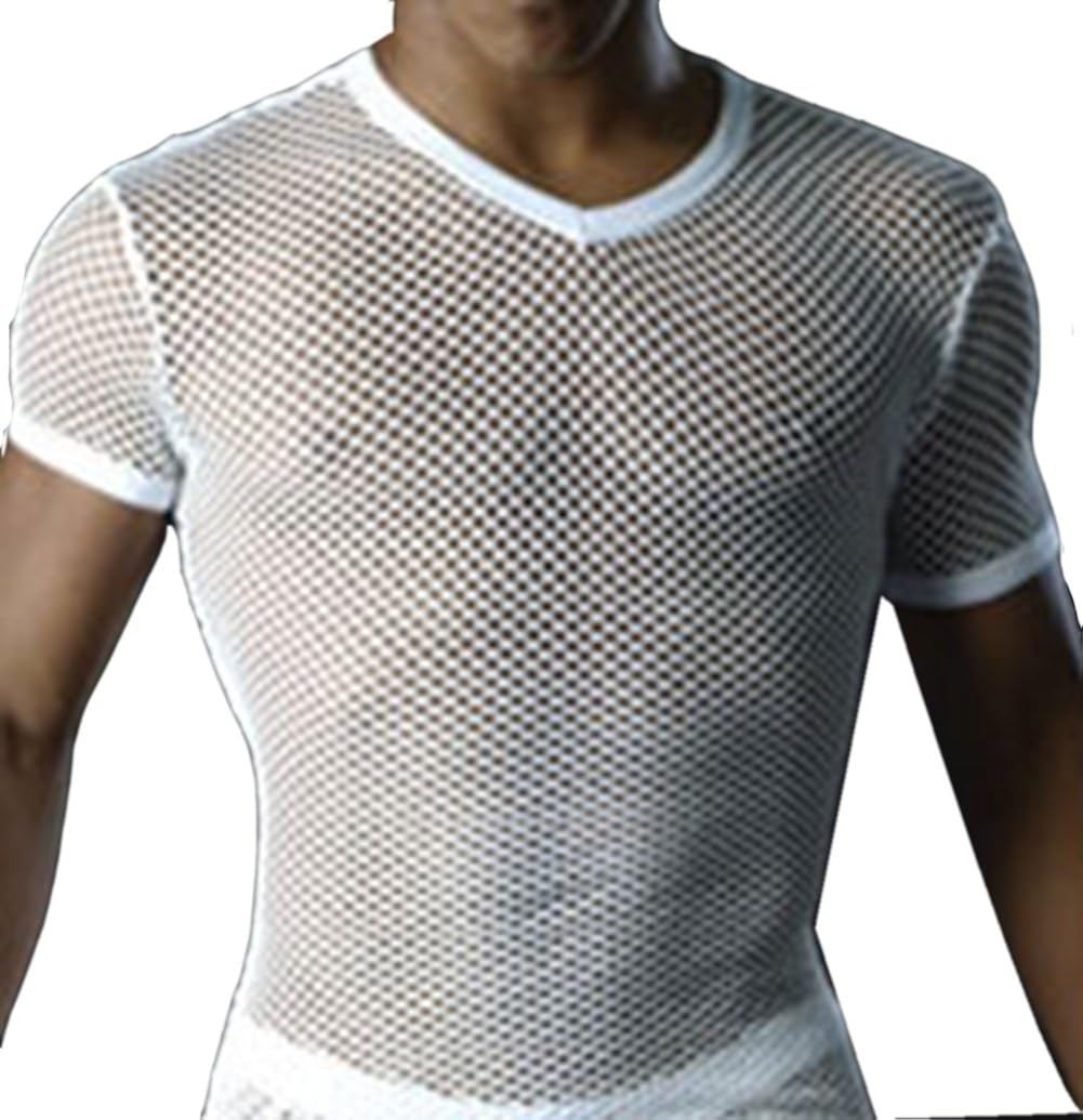 Bestag Men's Transparent Mesh Clubwear Short Sleeve TShirt Undershirt (Medium, White