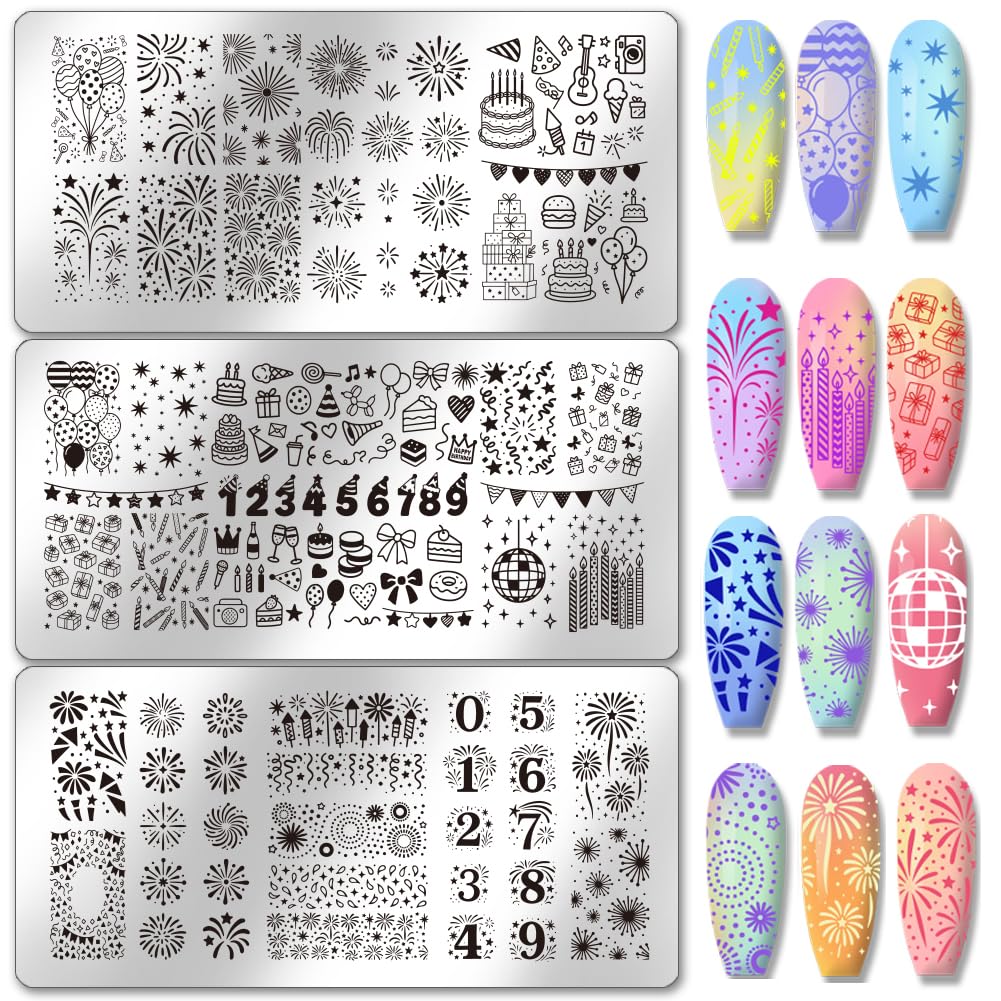 Photo 1 of PH PandaHall 3pcs Birthday Party Nail Stamping Plates Fireworks Pattern Nail Art Stencils Cake Number Manicure Art Templates Celebration Elements Nails Image Plates for Women Manicures Design Print