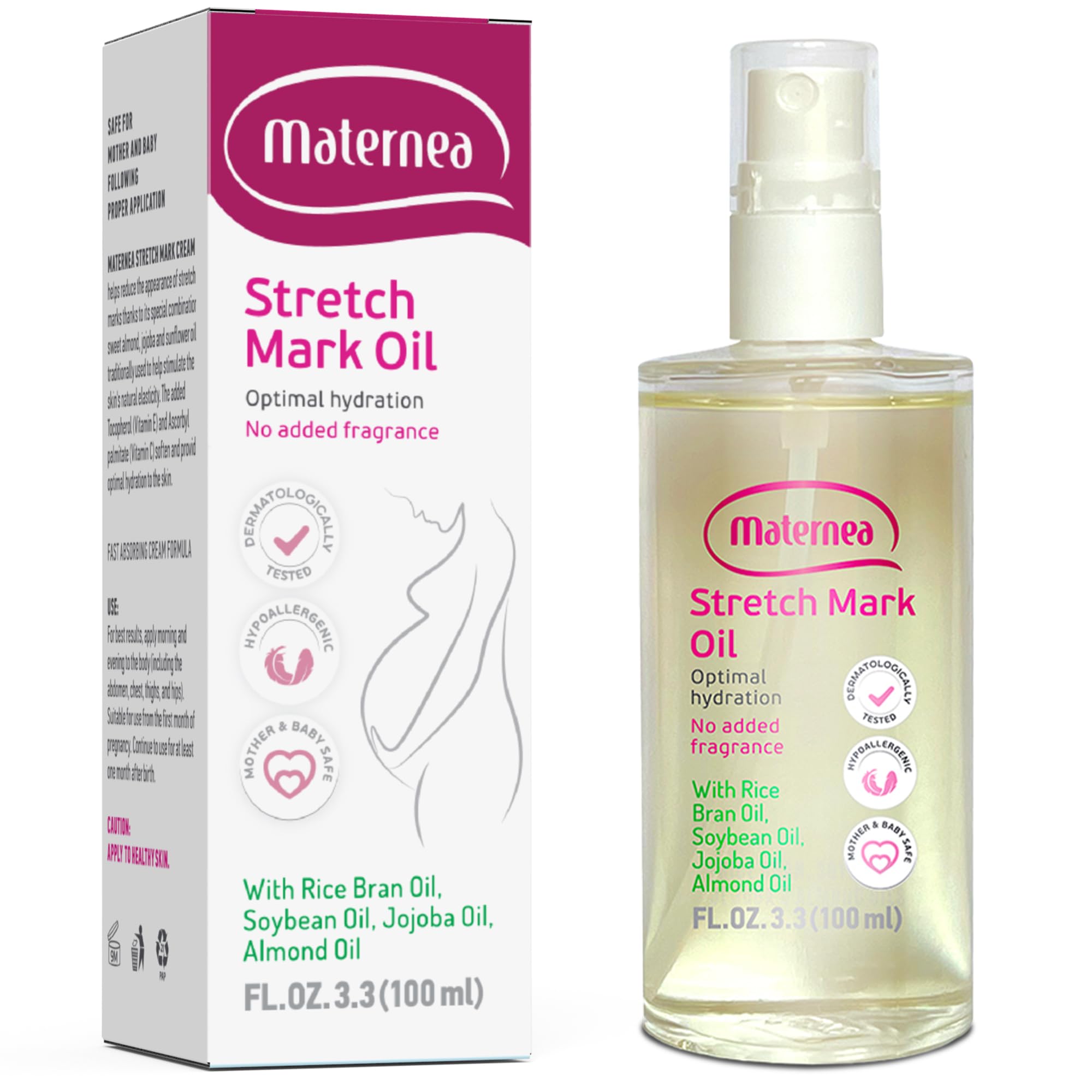 Stretch Mark Oil - Soothing Massage Oil Pregnancy Stretch Mark Prevention with Rice Bran, Soybean, Almond & Jojoba Extract - Skin-Safe, Perfume-Free Pregnancy Care - Maternea (100ml)