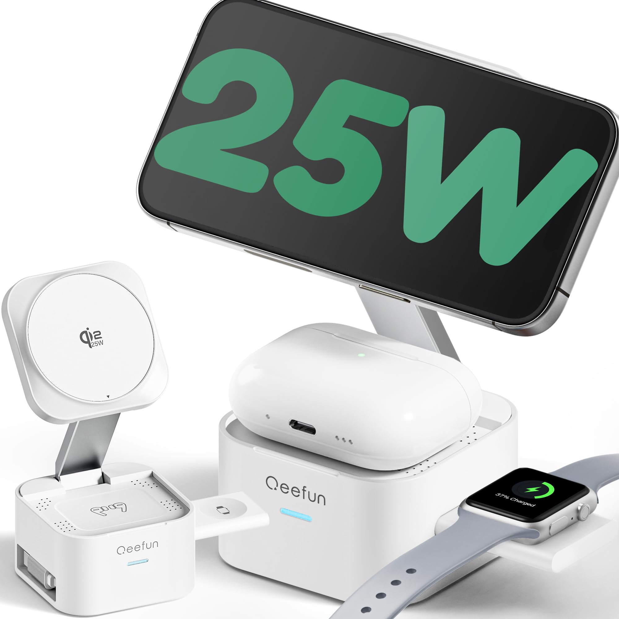 Qeefun ワイヤレス充電器【Qi2.2認証 25W】3in1 MagSafe対応 折りたたみ式 巻き取りType-Cケーブル内蔵 放熱設計 Apple Watch充電器 充電スタンド マグネット式急速充電 iPhone・Apple Watch・AirPods対応