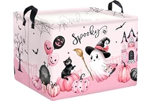 HUUMONSS Halloween Baby Storage Basket Ghost Bat Pumpkin Collapsible Clothes Kids Laundry Hamper Large Boys Girls Gift Toy Box Bin for Nursery Room,Pink Haunted House,40 * 30 * 30 cm